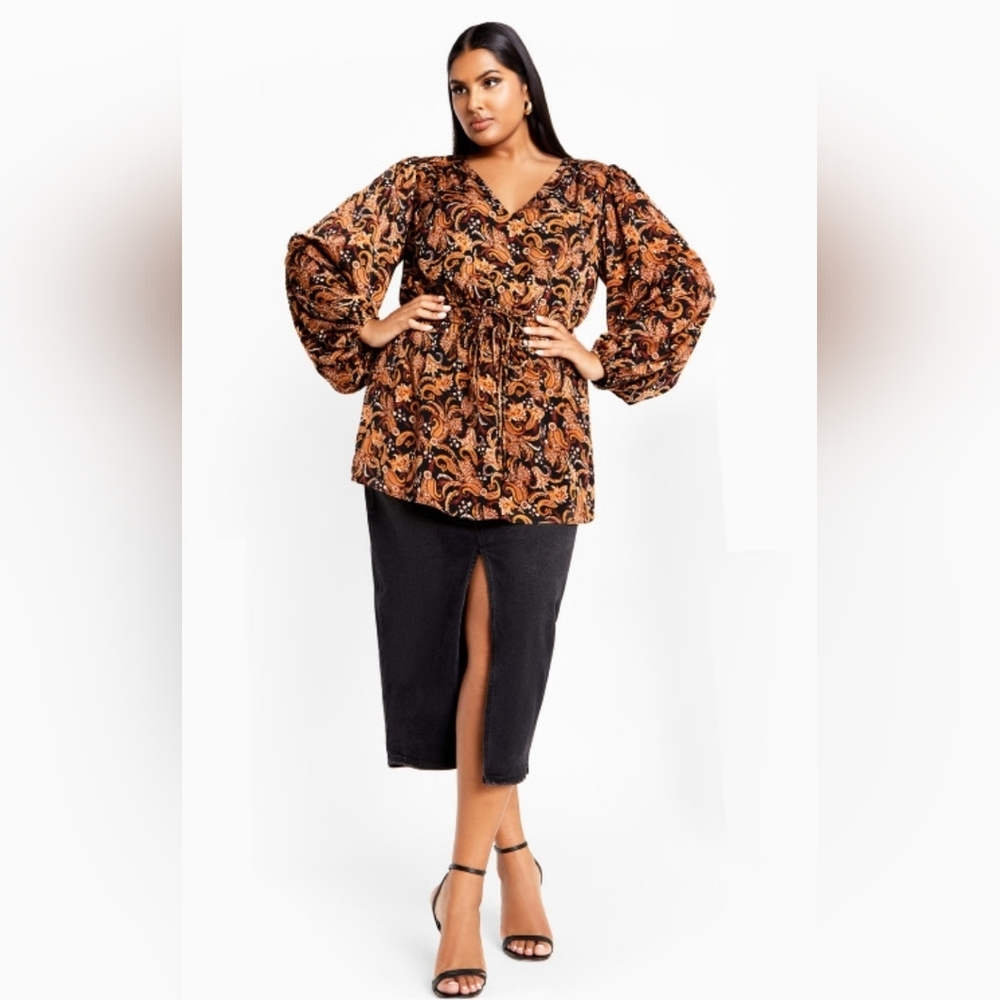 City Chic Boho Chic Black Paisley Aubree Print Top Blouse Tunic